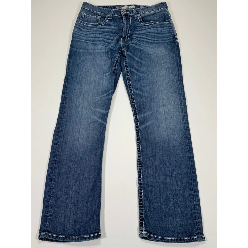 BKE Jake Straight Leg Mens Jeans 32S 31x30 Blue Denim Embroidered Stretch